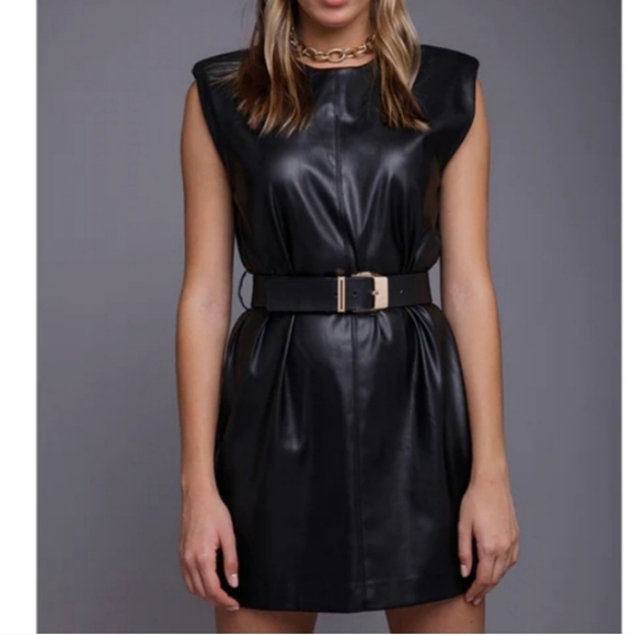 ZARA shoulder pad faux leather belted dress size L - Picture 14 of 16